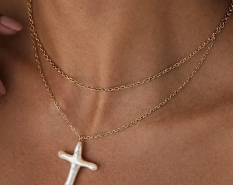 Pearl Cross Necklace  – Irregular Baroque Pearl Cross Pendant , Religious Catholic Gifts, Natural Pearl Pendant