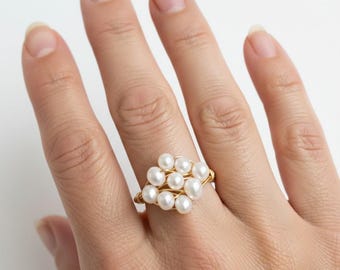 Süßwasserperlen Cluster Gold Ring - Eleganter Draht Gewickelt Statement Ring, einzigartiges Jubiläumsgeschenk für Sie