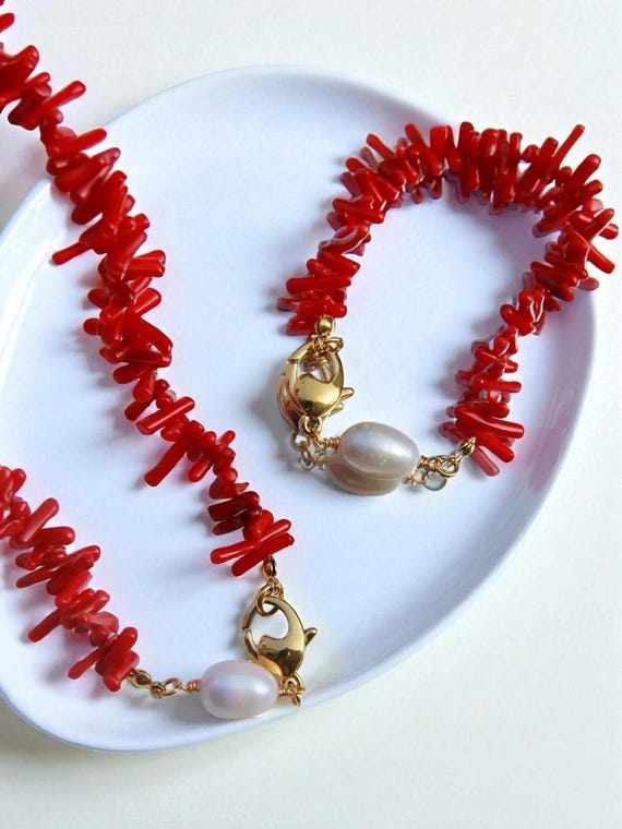 Red Coral Jewelry Set Necklace and Bracelet – Coral Pearl Jewelry