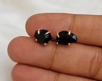 Small Black Obsidian Earrings  – Raw Stone Studs , Crystal Gemstone Jewelry , Dainty Birthstone  Earrings , Gift for Her