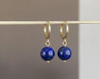 Lapis Lazuli Earrings – Natural Lapis Lazuli Blue Stone Hoop Earrings, Elegant Gift for Women