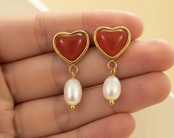 Red Heart Pearl Drop Earrings – 18K Gold Plated Heart Stud Earrings, Pearl Dangle Earrings, Romantic Gift for Her