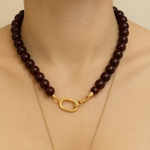 Dark Red Agate Beaded Necklace for Women – Natural Stone Strand Jewelry, Gold Plated Accent, Elegant Gift, Boho Statement Gemstone Necklace