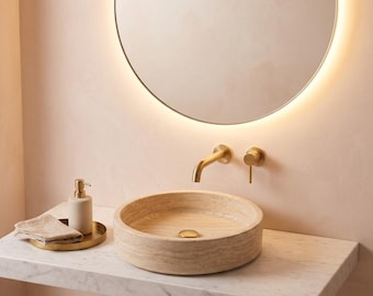 Travertine Sink | Round Vessel Sink | Natural Stone Bathroom Sink | Stone Sink for Bathroom Vanities | Handmade Beige Bowl