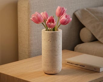 Travertine Cylinder Vase, Hand-Carved Natural Stone, Minimalist Modern Home Decor