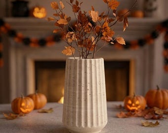 Travertine Fluted Vase, Hand-Carved Natural Stone, Modern Sculptural Home Decor