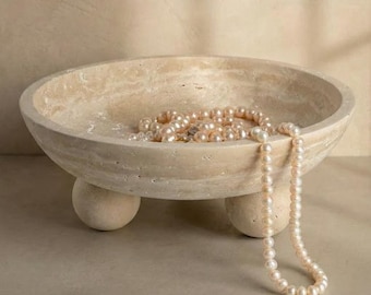 Travertine Footed Bowl | Solid Stone Centerpiece, Jewelry Catchall