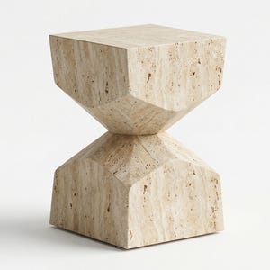 Pyramid Pedestal Travertine Side Table | Sculptural Stone Accent Nightstand