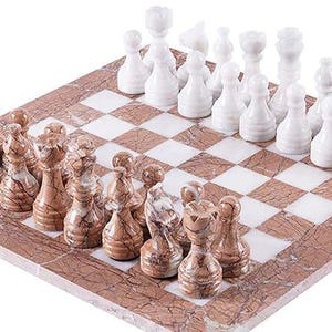 Hand Polished Marble Chess Set: Marinara & White, 15 Inch Board