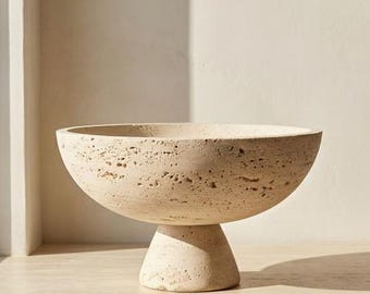 Travertine Pedestal Bowl | Organic Stone Centerpiece, Neutral Decor