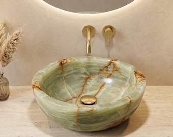 Handcrafted Green Onyx Marble Sink, Round Vessel Vanity, Luxury Bathroom Washbasin, Rustic Farmhouse Decor