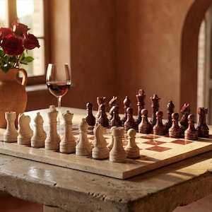 Handmade Travertine & Rosso Levanto Marble Chess Set | Luxury Natural Stone Board Game