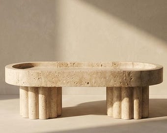 Handmade Travertine Pedestal Tray | Sculptural Stone Decor