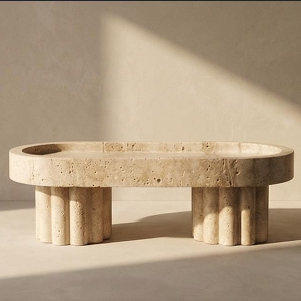 Vassoio con piedistallo in travertino fatto a mano / Decorazione in pietra scultorea