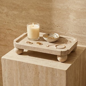 Handmade Travertine Ball Foot Tray | Natural Stone Vanity Decor, Coffee Table Display