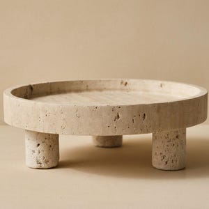 Hand-Carved Travertine Pedestal Tray | Sculptural Stone Riser, Coffee Table Decor