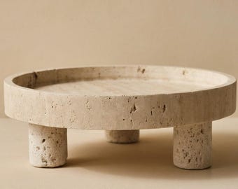 Hand-Carved Travertine Pedestal Tray | Sculptural Stone Riser, Coffee Table Decor