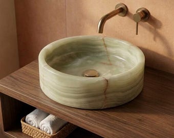 Round Green Onyx Marble Sink | Natural Stone Vessel Sink | Handmade Bathroom Sink for Vanities | Sage Green Marble Bowl