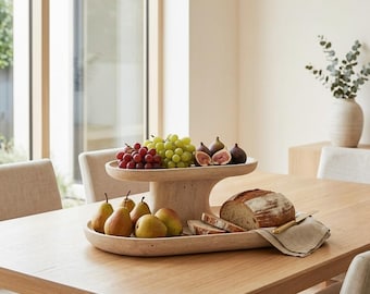 Hand Carved Travertine Two Tier Pedestal Tray | Natural Stone Oval Stand
