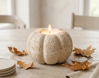 Hand-Carved Travertine Pumpkin Tealight Holder, Natural Stone Autumn Decor
