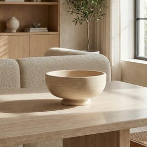 May include: A beige, round bowl with a pedestal base sits on a light-coloured, rectangular table. The bowl is the focal point, with a soft, natural texture. The scene is set in a well-lit room with a neutral colour palette, suggesting a minimalist aesthetic.