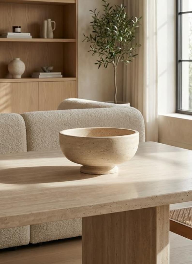 May include: A beige, round bowl with a pedestal base sits on a light-coloured, rectangular table. The bowl is the focal point, with a soft, natural texture. The scene is set in a well-lit room with a neutral colour palette, suggesting a minimalist aesthetic.