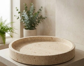 Natuurlijke travertin dienblad — Rond schaaltje voor allerlei spullen, zoals ringen en parfum, boho salontafeldecoratie