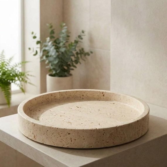 Natural Travertine Tray — Round Catch All Dish for Vanity, Rings & Perfume, Boho Coffee Table Decor