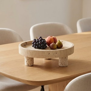 Travertine Pedestal Tray, Footed Fruit Bowl Stand, Round Coffee Table Riser, Boho Sculptural Decor
