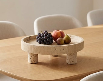 Travertin dienblad op voet, fruitschaal met voet, ronde salontafelverhoger, boho sculpturale decoratie