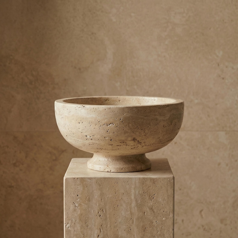 May include: A beige stone bowl with a rounded shape, set atop a matching square pedestal. The bowl has a wide opening and a textured surface. The pedestal is also made of stone.