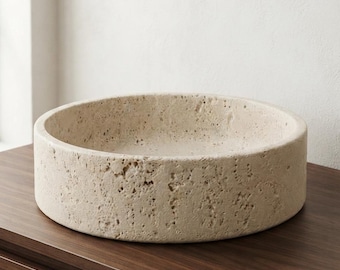 Hand-Carved Travertine Cylinder Bowl | Natural Stone Centerpiece, Catchall Tray
