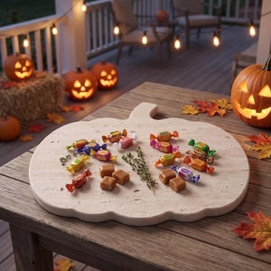 Puede incluir: Una tabla de servir con forma de calabaza hecha de piedra porosa de color beige claro. La tabla está dispuesta con varios caramelos coloridos envueltos individualmente, pequeños caramelos cuadrados y una ramita de hierbas verdes frescas.