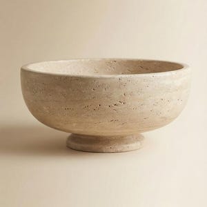 May include: A beige stone bowl with a rounded shape and a pedestal base. The bowl has a textured surface and a wide opening. The neutral colour and simple design make it a versatile decorative piece.