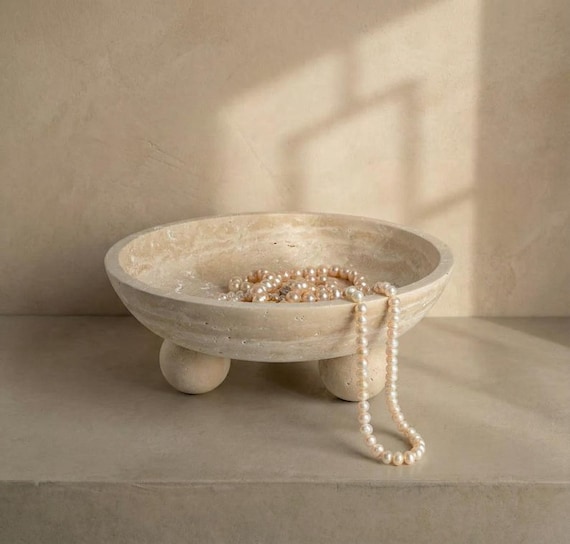 Travertine Footed Bowl | Solid Stone Centerpiece, Jewelry Catchall