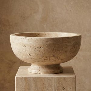 May include: A beige stone bowl with a rounded form, placed on a matching square plinth. The bowl features a wide opening and a textured surface. The plinth is also made of stone and has a textured surface.