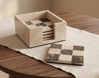 Oceanic Fossil Marble Checkerboard Coasters | Travertine Stone Holder Set