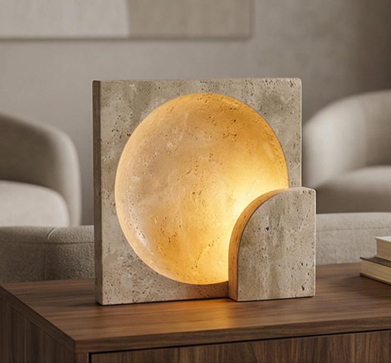 Handmade Travertine Table Lamp | Modern Stone Accent Lighting image 1