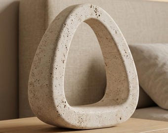 Travertine Triangle Sculpture | Open Stone Decor, Modern Shelf Art, Bookend