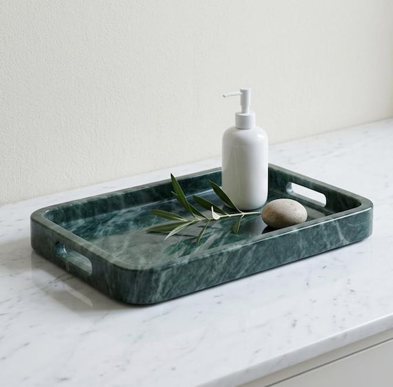 Handcrafted Jungle Green Marble Tray with Handles | Luxury Stone Vanity Organizer
