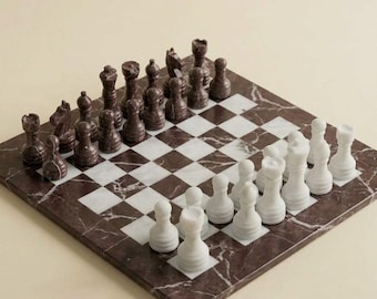 Handmade Marble Chess Set, Rosso Levanto Red Zebra & White Board