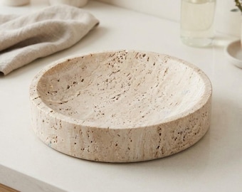 Travertine Bowl Tray, Round Catchall Dish for Vanity & Perfume, Rustic Trinket Bowl, Coffee Table Decor