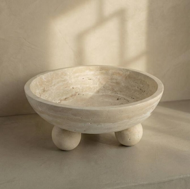 Travertine Footed Bowl | Solid Stone Centerpiece, Jewelry Catchall image 4