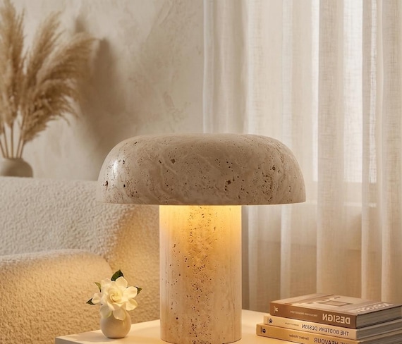Travertine Mushroom Lamp | Hand-Carved Natural Stone Table Light, Japandi Decor