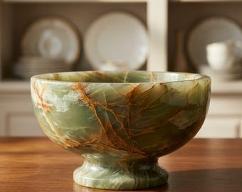 Green Onyx Marble Footed Bowl, Handmade Stone Compote Bowl, Luxury Centerpiece Decor