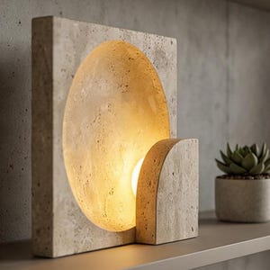 May include: A modern, rectangular stone lamp with a semi-circular cutout that emits warm light. The lamp has a matching stone base and is placed on a shelf. A small potted succulent is visible in the background.