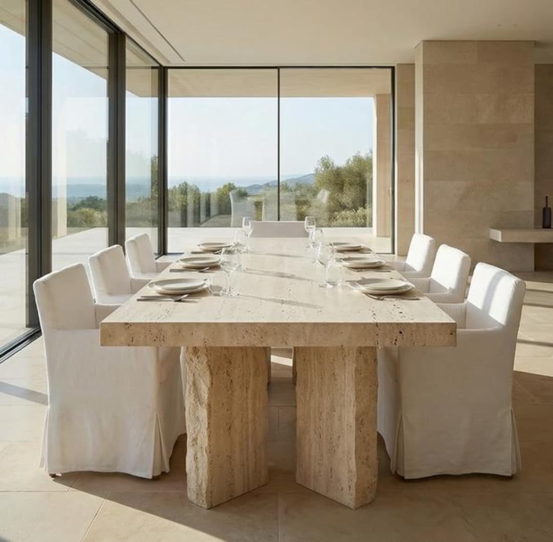 Handmade Travertine Dining Table | Solid Natural Stone Kitchen ...
