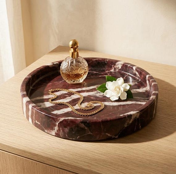 Handmade Red Zebra Marble Tray | Luxury Vanity & Perfume Organizer | Natural Stone Round Tray