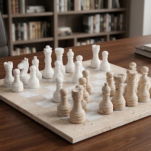 Travertine & White Marble Chess Set – 15 Inch Luxury Stone Board, Coffee Table Decor