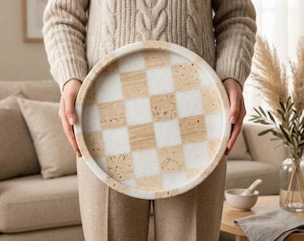 Handcrafted Checkerboard Marble Tray, Round Travertine Catchall Dish, Natural Marble, Handmade Italian Artisan, Luxury Coffee Table Decor